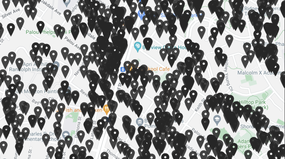 Map overlaid with numerous black location markers, densely clustered, obscuring street names and details underneath.